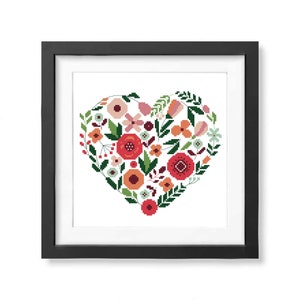 Floral Heart Cross Stitch Pattern PDF - Modern Embroidery Design - DIY Gift on Valentine&#39;s Day - Wall Art Decor - Instant Download