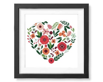 Floral heart cross stitch pattern PDF Leaf cross stitch Love Modern cross stitch Flower wall decor Flowers wedding gift Embroidery pattern