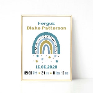 Baby cross stitch pattern Boy Birth announcement Boho rainbow Personalized embroidery Easy Modern cross stitch Nursery decor PDF