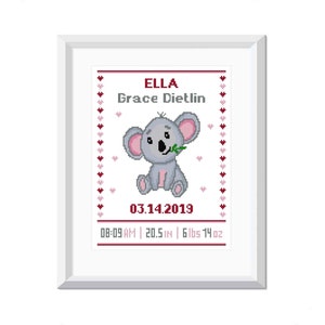 Geboortekaartje babymeisje kruissteekpatroon - schattig koalaontwerp - borduurkaart decoratie kinderkamer - doe-het-zelfcadeau - pdf-download