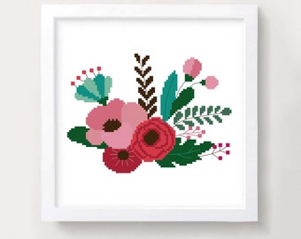 Flowers cross stitch pattern PDF Floral cross stitch Modern cross stitch Floral pattern Flower Wall decor Flower embroidery Bouquet