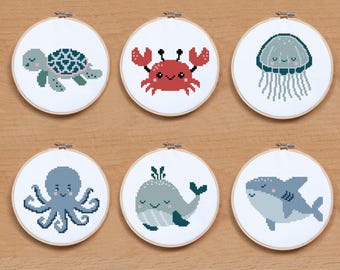 Mini Sea Animals Cross Stitch Pattern Set: Ocean Nursery or Clothing Decor (PDF Download)