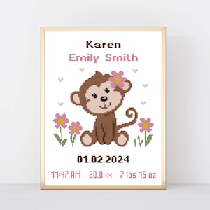 Padrão de ponto cruz para anúncio de nascimento de bebê - Macaco fofo em flores - Decoração de berçário - Presente faça você mesmo para menina recém-nascida - Gráfico em PDF
