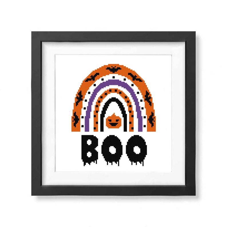 Happy Halloween cross stitch pattern PDF Boho rainbow cross stitch Pumpkin cross stitch Halloween gift Modern Easy cross stitch Boo image 2