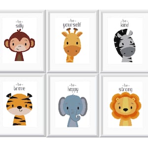 Baby cross stitch pattern African animals set Baby shower gift Be silly Be brave Be kind Nursery decor Monkey Lion Tiger Elephant Zebra