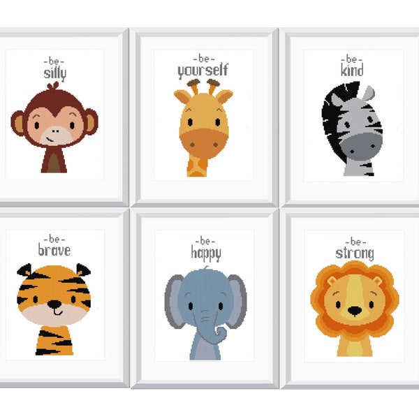 Bébé motif de point de croix animaux africains ensemble cadeau de shower de bébé être stupide être courageux être gentil décor de pépinière singe Lion tigre éléphant zèbre