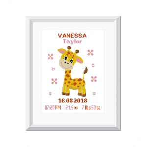 Padrão de ponto cruz para anúncio de nascimento de bebê girafa - Decoração de berçário para meninas - Gráfico de bordado em PDF