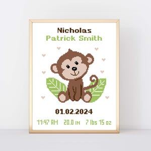 Padrão de ponto cruz para anúncio de nascimento de bebê - Macaquinho fofo com folhas - Decoração de berçário - Presente faça você mesmo para recém-nascido - Gráfico em PDF