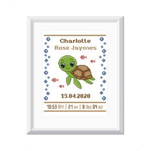 Padrão de ponto cruz para anúncio de nascimento de bebê menina - design fofo de tartaruga marinha - gráfico de bordado para decoração de berçário - presente faça você mesmo - download em PDF