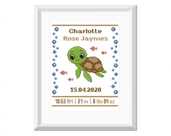 Modèle de point de croix bébé tortue de mer Faire-part de naissance fille point de croix moderne Cadeau baby shower Décoration pour chambre d'enfant PDF