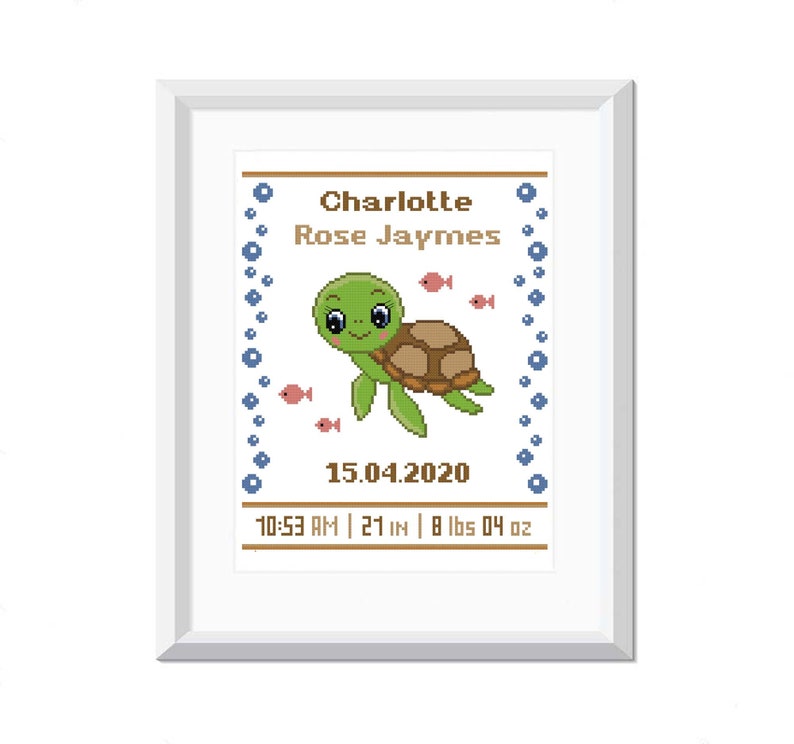 Sea turtle Baby cross stitch pattern Girl Birth Announcement Modern cross stitch Baby shower gift Nursery decor PDF image 1