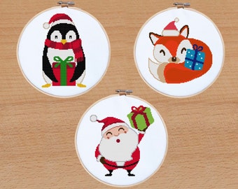 Christmas cross stitch pattern PDF Santa Claus Fox Penguin embroidery sampler Marry Christmas cross stitch  Easy cross stitch Cute Animals