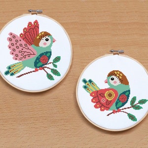 Folk Birds cross stitch pattern Animals cross stitch Counted Modern cross stitch Wall decor Birds embroidery Colorful Bird on branch