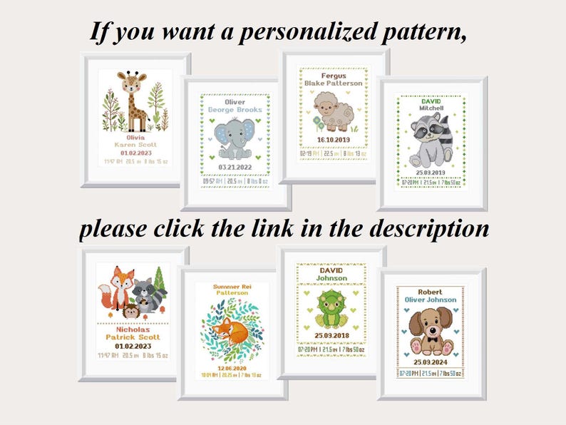 Pu&ograve; includere: Una collezione di otto modelli di ricamo a punto croce per bambini personalizzati. Ogni modello presenta un animale diverso, un nome e una data di nascita. I modelli sono incorniciati in bianco e hanno uno sfondo verde con pois bianchi.