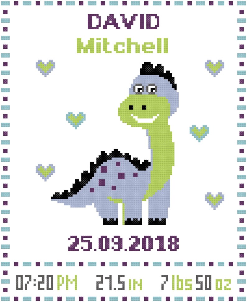 Baby cross stitch pattern Dinosaur Boy Birth Announcements Etsy