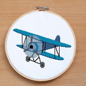 Blue Airplane cross stitch pattern Vintage Biplane Plane cross stitch Kids Room Decor Boy Modern Chart Counted cross stitch Digital download