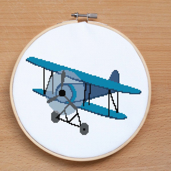 Blue Airplane cross stitch pattern Vintage Biplane Plane cross stitch Kids Room Decor Boy Modern Chart Counted cross stitch Digital download