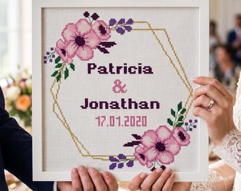 Wedding Wreath Cross Stitch Pattern: Customizable Floral Design (PDF Template)