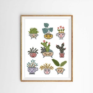 May include: A cross-stitch pattern featuring nine different potted plants with cute faces. The plants are in various colors, including green, yellow, pink, and blue. The pattern is perfect for beginner cross-stitchers.