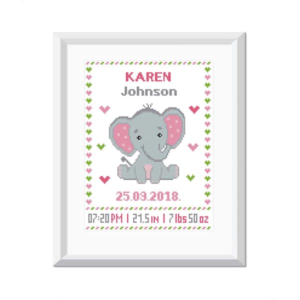 Custom baby cross stitch pattern Elephant Girl Birth Announcement Modern Easy cross stitch Baby shower gift Personalised Nursery decor