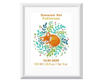 Baby Fox Birth Announcement Cross Stitch Pattern, Woodland Nursery Decor (PDF)