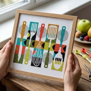 Modern Kitchen Cutlery Cross Stitch Pattern, Colorful Decor (PDF Pattern)