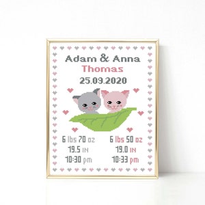 Birth Announcements for Twins or Multiples cross stitch pattern Cats cross stitch Baby cross stitch Baby shower Baby gift Nursery decor PDF