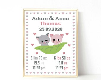 Birth Announcements for Twins or Multiples cross stitch pattern Cats cross stitch Baby cross stitch Baby shower Baby gift Nursery decor PDF