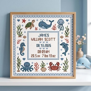 Sea Animals Birth Announcement Cross Stitch Pattern, Personalized Baby Sampler PDF, Nursery Embroidery