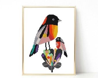 Geometric Birds Cross Stitch Pattern: Modern Animal Design (PDF Download)