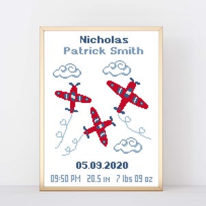Baby Boy Birth Announcement Cross Stitch Pattern - Airplane Embroidery Design - Nursery Wall Art - Personalized Gift - Instant Download