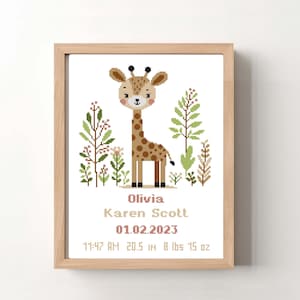 Patrón de punto de cruz para anunciar el nacimiento de un bebé: linda jirafa, decoración de guardería, regalo DIY para niña recién nacida, gráfico en PDF