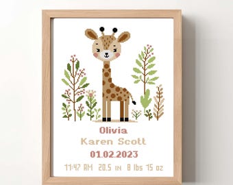 May include: A framed cross-stitch design featuring a cute cartoon giraffe in a green forest setting. The design includes the name "Olivia", the text "Karen Scott", the date "01.02.2023", and the time "11:47 AM". The design also includes the baby's measurements: "20.5 in" and "8 lbs 15 oz".
