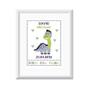 Dinosaur Dino Birth Announcements cross stitch pattern Baby Boy cross stitch Easy Modern cross stitch Baby shower gift Nursery decor PDF
