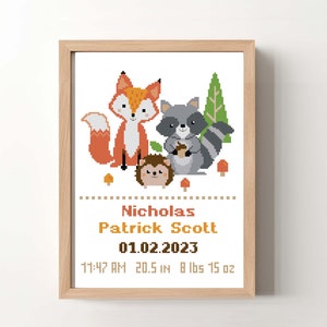 Birth announcement cross stitch pattern PDF Boy Baby cross stitch Forest animals Baby shower Fox cross stitch Woodland animals Baby gift