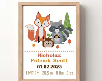 Birth announcement cross stitch pattern PDF Boy Baby cross stitch Forest animals Baby shower Fox cross stitch Woodland animals Baby gift