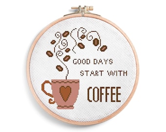 Coffee Cross Stitch Pattern – Good Days Quote, Modern Embroidery (PDF Pattern)