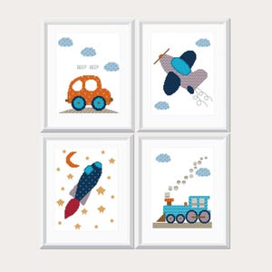 Baby Boy Cross Stitch Pattern, Rocket, Car, Train (PDF Pattern)