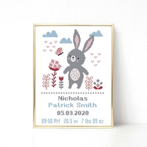 Bunny cross stitch pattern Birth announcement Boy Baby shower gift Rabbit cross stitch Birth sampler Nursery decor New baby PDF