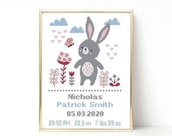 Bunny cross stitch pattern Birth announcement Boy Baby shower gift Rabbit cross stitch Birth sampler Nursery decor New baby PDF