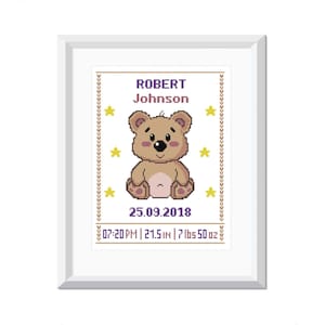 Cute Bear Baby Birth Announcement Cross Stitch Pattern, Baby Boy Birth Record Cross Stitch, Modern Embroidery PDF, Customizable Details