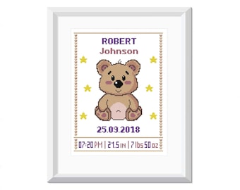 Bear Baby cross stitch pattern PDF Boy Birth Announcement Modern cross stitch Animal stitch cross Baby shower gift Nursery decor New baby