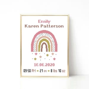 Birth announcement cross stitch pattern Baby Girl Boho rainbow Personalized embroidery Nursery decor Baby shower Instant download PDF