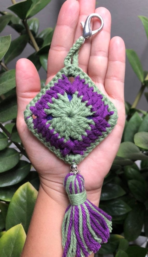 Green and Purple Granny Square Crochet Bag Charm / Keychain 