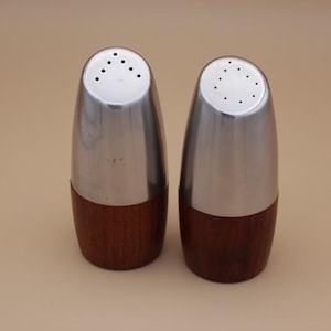 Mid Century Modern Salt & Pepper Shakers | Teak Wood | Stainless Steel | Scandinavian Dansk Style
