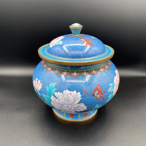 Vintage Cloisonné Ginger Jar with Lid | Enamel over Brass | Butterflies & Floral Motif | Asian Decor