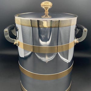 Vintage Chrome & Brass Ice Bucket | 1970s Bar Cart | Metal with Black Wood Handles | Lined