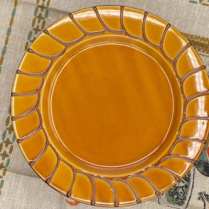 Vintage Le Poet-Laval Plate | Mid century Decor | 8 3/4&quot; Diameter | Mustard with Brown Piped Glaze on Rim |  Free Shipping