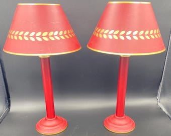 Pair of Vintage Colonial Candlestick Lamps | Metal Shades | Burgundy & Gold