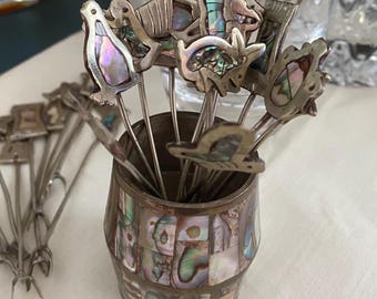 Mexican Abalone Cocktail Picks & Holder | 1950s–70s Alpaca Silver Barware | Mid-Century Entertaining Set